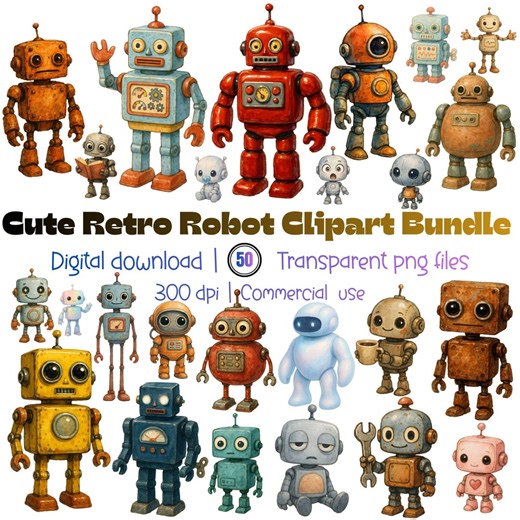 Retro Tin Toy Robot Clipart Bundle | Watercolor Kawaii Robots (digital Download) - Etsy