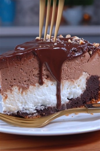 🍰 Hazelnut Mousse Cheesecake (No Bake) STOP what you’re doing and take a bite outta this dream: Hazelnut Mousse Cheesecake with a thick Oreo crust, silky layers of chocolate-hazelnut and vanilla mousse, and that glossy chocolate top 😍 This is the no-bake showstopper that’ll have everyone begging for seconds (and the recipe!). Decadent, creamy, crunchy, and dangerously addictive — this one’s for the real dessert lovers. 💯 Oreo Crust: 2 1/2 cups crushed Oreos (filling included) 1/2 cup melted b