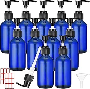 Tanlade 12 Pcs Glass Pump Bottle Dispenser 4 oz Travel Bottles with Pump Refillable Glass Containers for Toiletries Lotion Liquid Soap Shampoo Essential Oils Cosmetic Travel Accessories(Blue)
