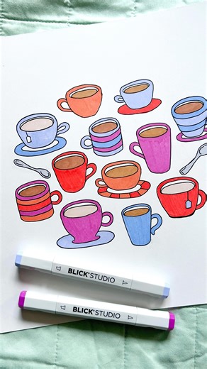 Brighten your next illustration with Blick Studio Brush Markers! Artist Lauren Salgado demonstrates how to use brushstrokes to get even coloring, perfect for filling a cup with coffee or tea. ☕ Artist: @lauren.salgado Materials: Blick Studio Brush Markers, Sakura Pigma Micron Pen-10, Strathmore 400 Series Bristol Board Pads, Smooth-11”x14” _______________ #createwithblick #blickartmaterials #blickstudiomarkers #sakura #strathmore #illustration #markerart | Blick Art Materials