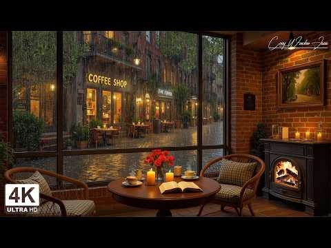 Peaceful Background Rain ☕ Cozy Café Ambience & Warm Jazz by the Crackling Fireplace