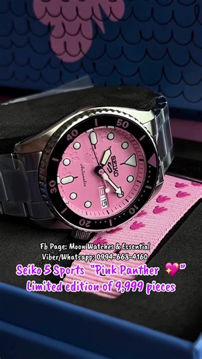 Seiko 5 Sports meets the Pink Panther with a limited edition of 9,999 pieces 💖 Model/Ref: #SRPM07. Movement Caliber Number: 4R36 Automatic with manual winding Power reserve: Approx.41 hours 24 Jewels Day/Date display 38’mm Crystal Hardlex Three-fold clasp with push button 100m Water Resistance LIMITED EDITION on the case back Serial number engraved on the case back Unidirectional rotating bezel Three-fold clasp with secure lock See-through & Screw case back #Seiko #SeikoPhilippines #seikopinkpa