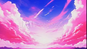 Animated pink clouds. Background with vanilla sky. Camera moving through pink clouds stops for a while and moving again to pink world