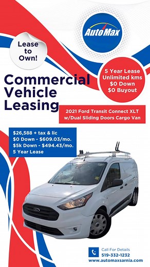 🚐 Need a reliable commercial vehicle? Lease to OWN with AutoMax! Get into this 2021 Ford Transit Connect XLT with: ✔️ 5-Year Lease ✔️ Unlimited KMs ✔️ $0 Down Options ✔️ $0 Buyout 💲 $26,588 tax & lic ➡️ $0 Down: $609.03/mo ➡️ $5K Down: $494.43/mo Perfect for contractors, delivery work, trades, small businesses & more. 📞 Call 519-332-1232 for full details 🌐 automaxarnia.com | Automax Sarnia