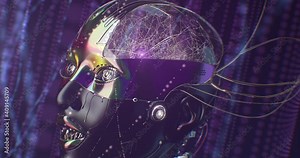 Cybernetic organism assembling process, big data artificial intelligence concept stylish female robot head with shallow depth of field