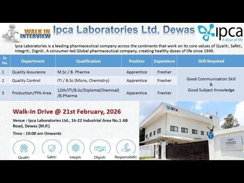 Ipca Walk in interview for Production, Quality Control and Quality Assurance #qa, #qc,#production