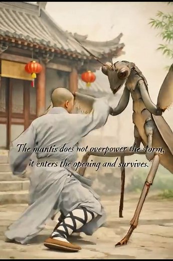 Mantis strikes Within Praying Mantis Kung Fu, one of it's main philosophies is that true skill is not about meeting force with force. In martial arts, like the praying mantis style, success comes from timing, sensitivity, and precision—waiting for an opening rather than trying to dominate through strength. More broadly, it teaches that in life, survival and progress often come from adaptability and awareness, not resistance. Those who learn to flow with circumstances, instead of fighting them he