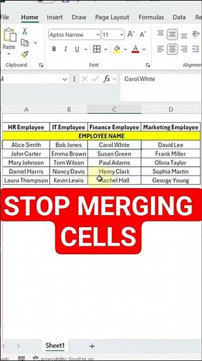 Stop merging cells ❌ #excel #spreadsheetmagic #excelcourse #dataextractor #exceltraining #microsoft