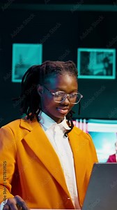 Vertical Video Dedicated student doing school research analyzing case studies or real scenarios relevant to coursework, creative education. Young woman preparing materials for future online lessons