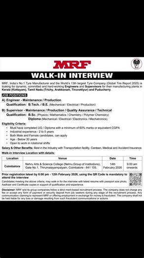 MRF Tyres Walk-In Interview! 🏎️ | Coimbatore Drive | Engineer & Supervisor | 14th Feb #shorts