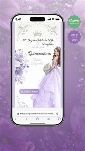 Lavender Quinceanera Canva Invite, Sweet Fifteen | Sixteen Birthday, Purple Floral Design, RSVP Link