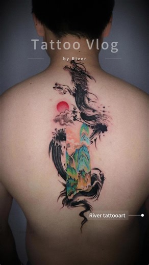 Dragon and Nature Scenery Back Piece Tattoo
