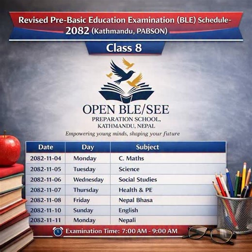Shankar Blon on Instagram: "Dear BLEians, Please be informed that the PRE-BLE Schedule–2082, originally set to commence from 1st Falgun, has been slightly revised by Kathmandu PABSON with immediate effect, as many schools are observing Parents’ Day during the initial dates. Accordingly, the first two examinations will now be conducted on the 10th and 11th of Falgun respectively. The remaining examinations will proceed as per the previously published schedule. Please prepare accordingly and stay 