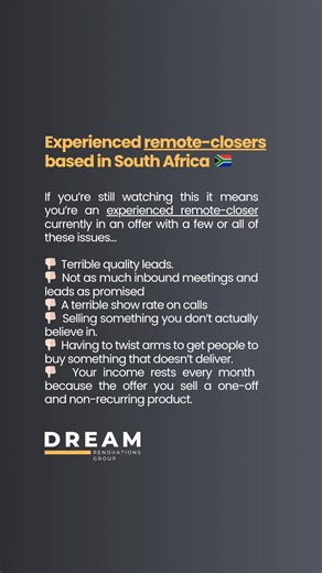 Experienced closers based in South Africa 🇿🇦 Earn a guaranteed basic plus uncapped commissions taking 15-25 sales calls per week (proof showcased in this video!) If you’re watching this it means you’re an experienced closer currently in an offer with a few or all of these issues… ❌ Terrible quality leads. ❌ Cold leads. ❌ Not as much inbound meetings and leads as promised ❌ A terrible show rate on calls (