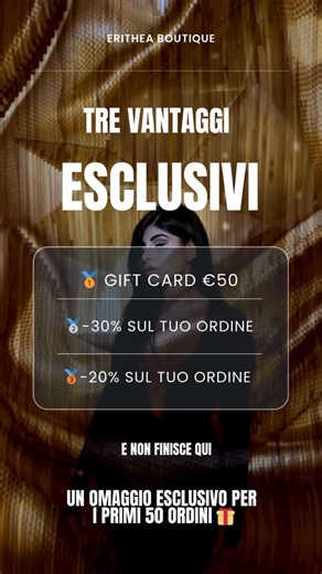 Erithea Boutique on Instagram: "In occasione del lancio ufficiale di Erithea Boutique.✨ Cosa puoi ottenere: • Gift Card da 50€ • –30% sul tuo ordine • –20% sul tuo ordine In più, i primi 50 ordini riceveranno un omaggio esclusivo. Per partecipare: 1. Segui la pagina 2. Commenta questo post taggando 2 persone 3. Condividi il reel nelle tue storie La data dell’assegnazione sarà comunicata prossimamente nelle storie. Iniziativa non sponsorizzata né associata a Instagram."