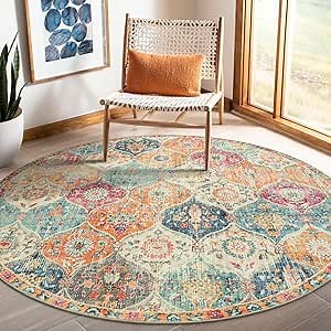 Lahome Moroccan Trellis Washable Round Area Rug, Round Rug 5ft Soft Non-Slip, Non-Shedding Distressed Circle Carpet for Bedroom Living Room Bathroom Nursery Kitchen Elise, Cream/Multi