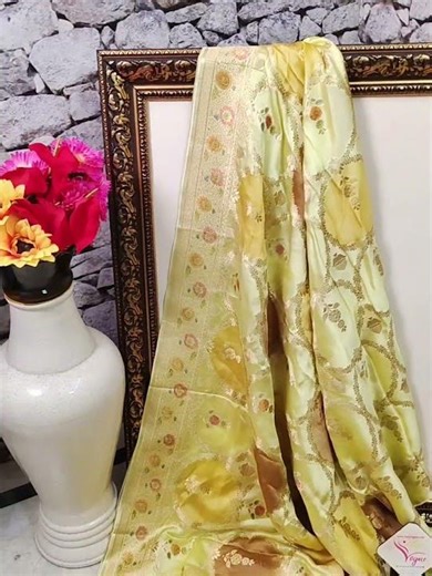 Semi Mashru Silk Saree in Light Yellow with Meenakari Jaal Weaving and Rangkat Style Design
