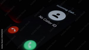 Finger reaching for the red decline button on the phone screen, with an incoming call from "No Caller ID."