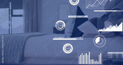 Bed remaining centered in room while smart app launching HUD sleep graphs layering across pillows