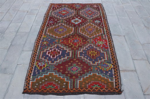 Turkish Rug, 5x8.9 Ft Large Rug, Red Blue Kilim Wool Rug - Etsy
