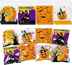Eunvabir Self-Adhesive Halloween Cellophane Treat Bags, 160pcs Plastic Clear Halloween Goodie Gags Gfits Cnady Bag for Hallo-ween Trick or Treat Goodie Party Favor Supplies Snacks Cookies Packing