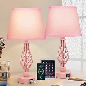 Touch Table Bedside Pink Lamps Set of 2, Nightstand Bedside Nightstand Lamps with USB Type-C Ports, Girls Desk Lamp for Living Room Bedroom Side Table (Pink)