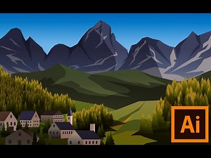 Vector nature landscape with mountain and countryside on Adobe Illustrator