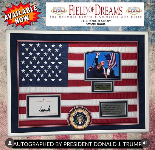 🇺🇸 AVAILABLE NOW at Field of Dreams Las Vegas! 🇺🇸 Proudly add history to your collection with this deluxe framed American flag collage, hand-signed by President Donald J. Trump. This amazing piece features: ✨ Authentic autograph ✨ Presidential seal & inspiring quote ✨ Patriotic photo display Perfect to showcase in your home, office, or to gift to a fellow collector. 📍 Visit us inside The Forum Shops at Caesars Palace – the Entertainment Capital of the World, Las Vegas, Nevada. 📦 Nationwide