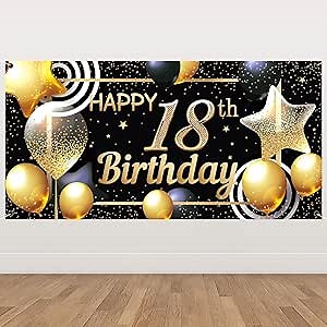 Happy 18th Birthday Backdrop Banner, 18 Years Old Birthday Party Decorations, Cheers to 18 Years Photo Background (Black Gold)