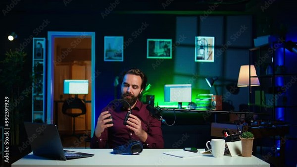 Tech expert testing headphones, review them for online streaming platforms. Professional audiophile hosts internet show, using sound mixer to check audio device sound sensitivity, camera B