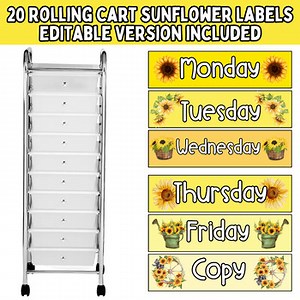 Sunflower Themed 10 Drawer Rolling Cart Labels with Editable Rolling Cart Labels
