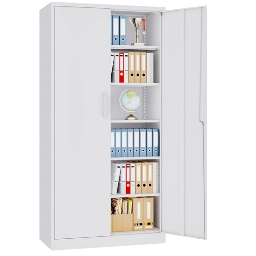 Fesbos Metal Storage Cabinet with Lock,Tall White File Cabinet with 2 Doors and 5 Adjustable Shelves,Steel Storage Cabinets for Garage, Home Office,Pantry,Hospital