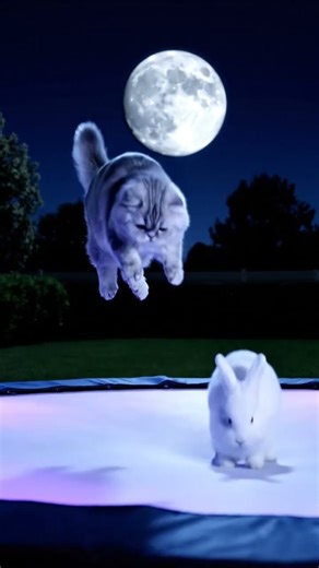 Housecat and bunny bounce on a glowing trampoline under moonlight