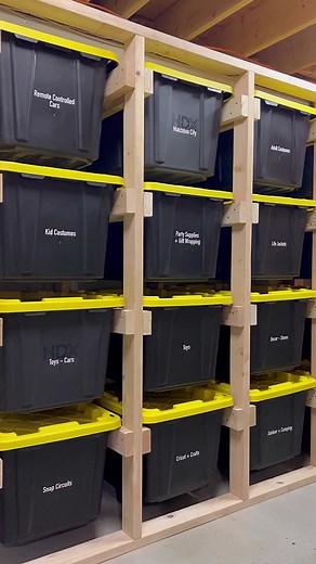 This is a great weekend project! . Follow my plans to create the frame and use Home Depot bins to organize your space! . LINK TO PLANS IN BIO . #storage #storagebins #storagesolutions #diyproject