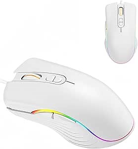 Gaming Mouse RGB Light High Precision Ergonomic Portable Gamer Corded 7 Buttons 2400 DPI Lightweight Wired Gaming Mice for PC Laptop Computer Macbook Women Men Father Gift,Side Buttons,White