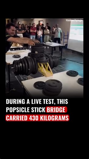 Tech Page on Instagram: "During a live strength test, a bridge made entirely from simple popsicle sticks shocked everyone by supporting a massive 430 kilograms. Carefully designed with smart load distribution and strong joints, the lightweight structure proved how engineering principles matter more than expensive materials. The test highlighted how creativity and precise construction can turn everyday items into incredibly strong structures. #dumbles #bridge"