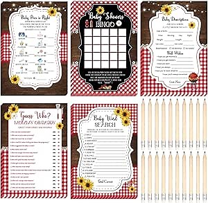 Yinder 145 Pcs Baby Shower Games Activities Cards with 20 Pencils Includes Baby Bingo Description and Wishes Guess Who Price is Right Word Scramble Game(BBQ Style)