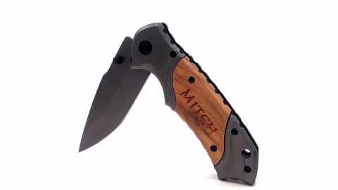 Engraved Folding Pocket Knife for Men, Camping & Hunting, 3.25 Inch Stainless Steel Blade, Aluminum Handle with Burl Wood Overlay, Rope Cutter, Can Opener, Glass Breaker, Belt Clip, with Wooden Box (Grey)