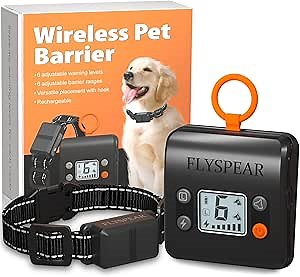 FLYSPEAR Wireless Pet Barrier - Rechargeable Indoor Barrier with 6 Adjustable Range Radius up to 7 ft, 6 Adjustable Safe Static Intensity, Electric Fence System for Dogs with Hook