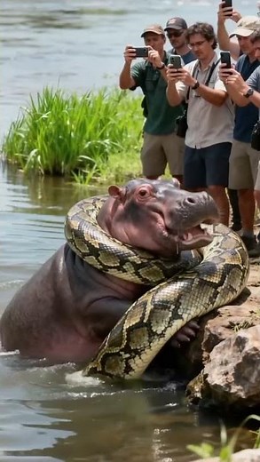 Hippo vs Python, who will win?🦛🐍하마 vs 아나콘다 누가 이길까#wildlife #hippo #snake #animals