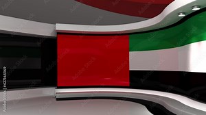TV studio. Dubai flag studio. Dubai flag background. News studio. The perfect backdrop for any green screen or chroma key video or photo production. 3d render. 3d