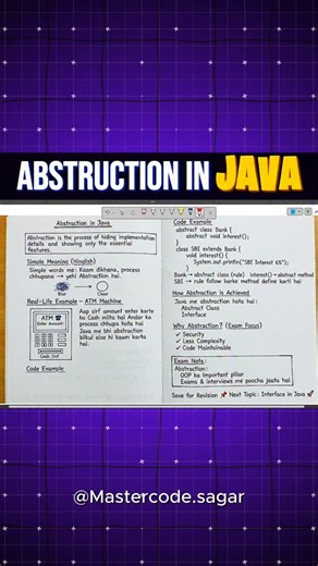 Sagar Rathod on Instagram: "🎯 Abstraction in Java – Show What, Hide How Abstraction is one of the most important pillars of OOPs in Java 💻 It focuses on showing only essential features while hiding the internal working. 👉 Real-life example: ATM machine 🏧 You enter the amount and get cash, but you never see the internal process. Java me abstraction bhi bilkul aise hi kaam karta hai. 📌 Key points: ✔ Hides implementation details ✔ Improves security ✔ Reduces complexity ✔ Makes code easy to mai