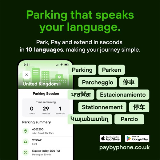 We speak your language. 💚 Park, pay and extend in seconds with PayByPhone, available in 10 languages, so parking feels simple wherever you are. Ready to make parking easier? Download the app today - www.paybyphone.co.uk/download | PayByPhoneUK