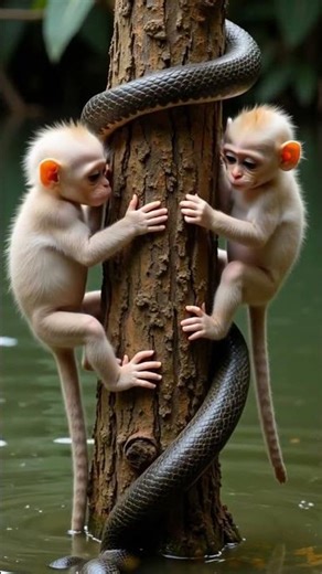 🐒😱 Two Baby Monkeys Trapped on a Tree with a Giant Snake – Terrifying Jungle Encounter! 🐍🌊