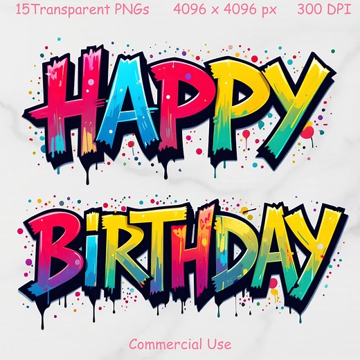 Happy Birthday Graffiti Clipart,printable Lettering Png,colorful Birthday Word Art,transparent Background,digital Download - Etsy