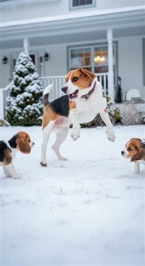 ❄️Beagle Family Playing Joyfully in the Snow 🐶🐾 #beagle#puppy #cute #doglife #pets#dogandcat#healing