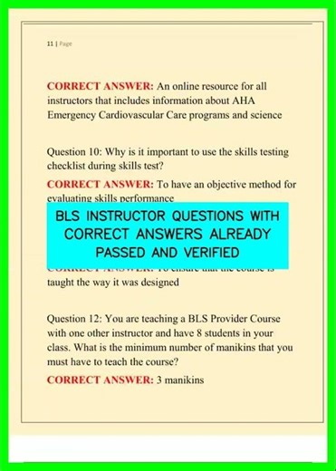 BLS INSTRUCTOR QUESTIONS WITH CORRECT ANSWERS ALREADY PASSED AND VERIFIED video