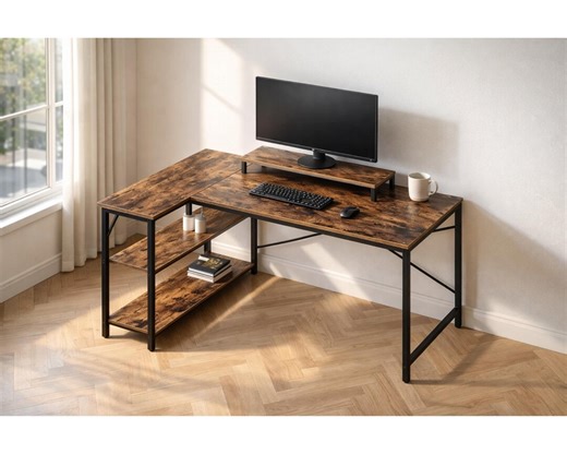 L-shaped Rustic Brown Computer Desk With Storage Shelves - Etsy