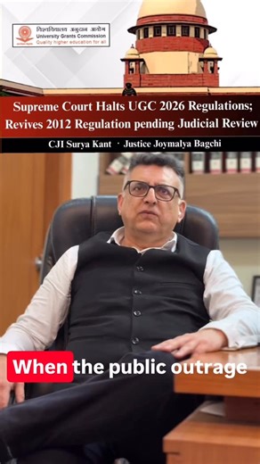 Supreme Court keeps the UGC Equity Regulations, 2026 in abeyance. Flagging vagueness, misuse potential, Article 14 concerns, omission of ragging, and the dangers of caste based segregation in campuses. Till final adjudication, the 2012 UGC Regulations stand revived under Article 142. A reminder that equity in higher education must be constitutionally balanced, not socially fragmenting. #supremecourt #upsc #supremecourtofindia #ugcregulations #advocate | Keshav Thakur