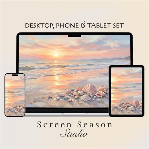 Pastel Sunset Beach Desktop Wallpaper Bundle | Seashell Coastal Desk Setup | Summer Ocean iPad & Phone Background - Etsy